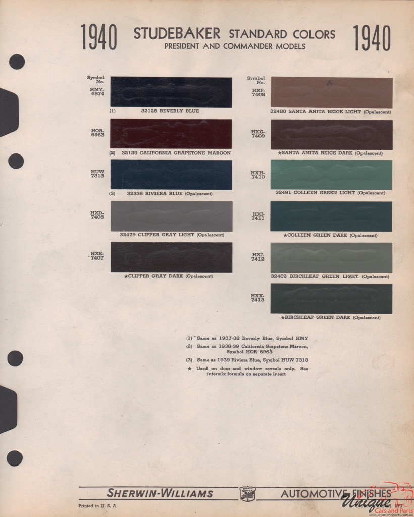 1940 Studebaker Paint Charts Williams 1